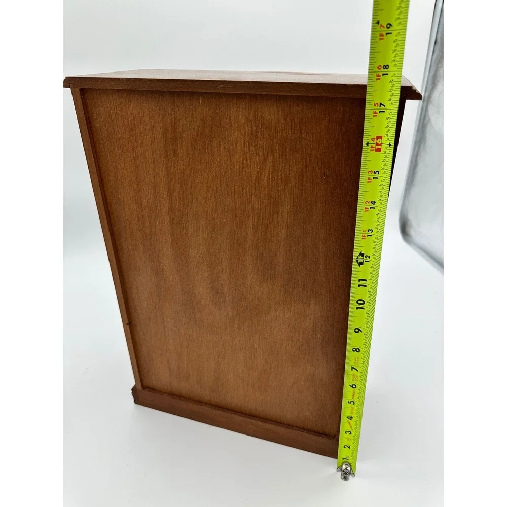 Vintage Jewelry Box Armoire Wood Etched Glass Cabinet Brown 15.5in
